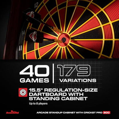 Arachnid Freestanding Cabinet Set: Includes Cricket Pro 800 regulation board in a stylish cabinet with shelves. Offers 40 games, 8-player LED scoring, tri-color Cricket, and 6 darts