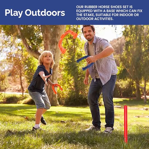 Indoor Outdoor Rubber Horseshoes Set: 4 Horseshoes, 2 Pegs, 2 Rubber Mats, 2 Red Plastic dowels & 1 Mesh Bag | Perfect for Tailgate, Beach, Parks, Picnics, Backyard, Fun for Kids Adults