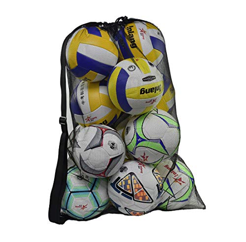 Heavy Duty Mesh Ball Bag, Drawstring Sport Equipment Storage Bag for Basketball, Soccer, Sports Beach and Swimming Gears with Adjustable Shoulder Strap Outdoor Organizer - color: Black-XL