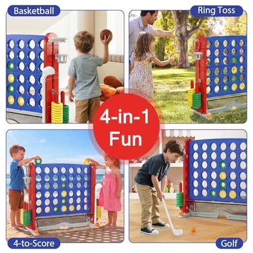 OLAKIDS Giant Connect Game Outdoor, 4 in A Row with Adjustable Height, Mesh Net, Carry Bag, Golf, Basketball Hoop, Ring Toss, Cup Holder for Kids Adults Indoor Backyard (Navy) - color: Navy