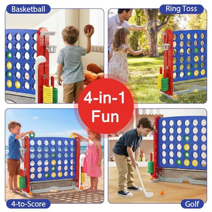 OLAKIDS Giant Connect Game Outdoor, 4 in A Row with Adjustable Height, Mesh Net, Carry Bag, Golf, Basketball Hoop, Ring Toss, Cup Holder for Kids Adults Indoor Backyard (Navy) - color: Navy