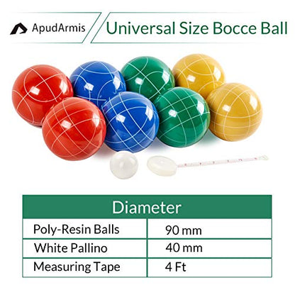 ApudArmis Bocce Balls Set, Outdoor Family Bocce Game for Backyard/Lawn/Beach - Set of 8 Poly-Resin Balls & 1 Pallino & Nylon Carrying Case & Measuring Rope (90mm) - size: 90mm Universal Size