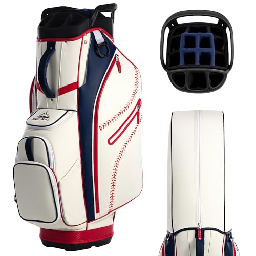 uniHimal Golf Cart Bag with 14-Way Full-Length Dividers, Premium PU Leather Golf Bag for Men Women with Plush Top, Magnetic Pocket and Rain Cover, Lightweight Golf Club Bag Includes Cooler Pockets - color: Beige Red Blue