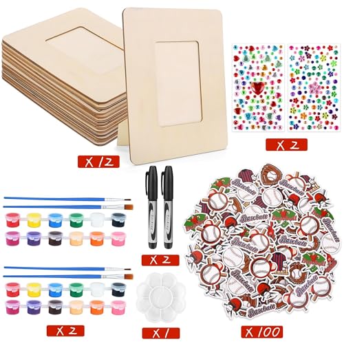 Fovths 12 Pieces Baseball Wooden Picture Frame Senior Night Decoration Fits 4 x 6 Inch Photo with Pens Stickers Paints Brushes Thanks Coach Gifts Tabletop Baseball Gifts for Team, Athletes