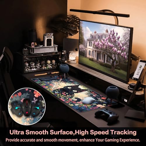 Canjoy Cute Black Cats Anime Mouse pad, 31.5x15.7inch Kawaii Computer Keyboard Mat Extended Large Gaming Mouse Pad with Non-Slip Rubber Base - color: Black Cat