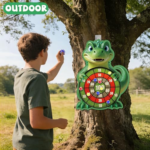 Cartoon Dinosaur Themed Toss Game Banner with 12 Sticky Balls, 30” Large Dino Dart Board for Indoor Outdoor Games Birthday Party Supplies