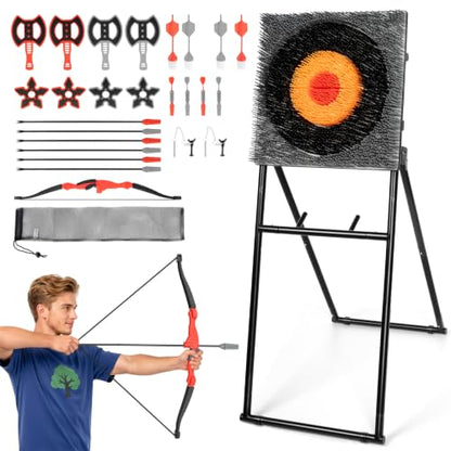 SPOYNAL 5 in 1 Steel Axe Throwing Target Set, Outdoor Target Game with Axes, Throwing Stars, Darts, Lawn Darts, Bow & Arrows, Foldable Steel Frame, Yard Games for Adults, Backyard & Camping