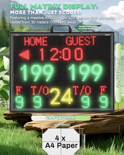 Matrix Display Large Electronic Scoreboard with Wireless LCD Touchscreen RF Controller - 26.4x20.5" Big Matrix Display, 100Ft Visibility, DC Battery, Flexible Control for Indoor/Outdoor Sports Games