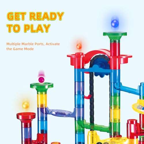 Tucrae 224 PCS Marble Runs Toys with Automatic Elevator Glowing Marble Maze Building Set STEM Puzzle Toys for 3 4 5+ Boys & Girls Children's Day, Christmas Easter Gifts(Containing 60 Marbles)