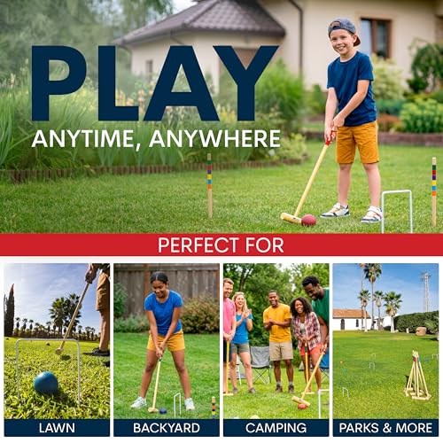 Premium Croquet Set for Adults – Deluxe Croquet Sets for Families with 35'' Wooden Mallets, Polymer Balls, Carrying Bag – Classic Outdoor Game and Lawn Play