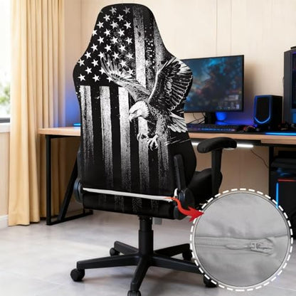 Eagle Print Computer & Gaming Chair Slipcover American Flag Print Game Chair Cover with Armrest Covers Easy to Install Universal Fit Office Desk & Racing Computer Gamer Chairs - color: Black and Grey - Eagle American Flag