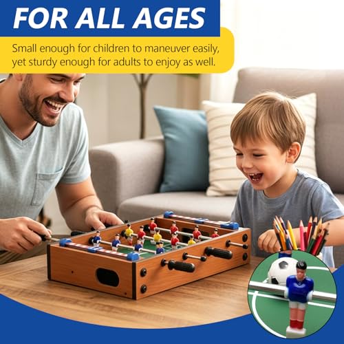 Table Football, 13.5'' Mini Foosball Table Soccer Tabletop Football w/ 2 Footballs and Soccer Keepers, Wooden Tabletop Foosball Game Accessories for Family Play Indoor & Outdoor