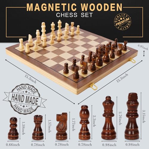 Magnetic Wooden Chess Set for Adults Kids, 15" Folding Chess Boards with 2 Extra Queens, Portable Travel Chess Sets with Pieces Storage Slots, Beginner Chess Game Set for Kids, Adults