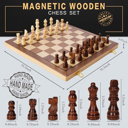 Magnetic Wooden Chess Set for Adults Kids, 15" Folding Chess Boards with 2 Extra Queens, Portable Travel Chess Sets with Pieces Storage Slots, Beginner Chess Game Set for Kids, Adults