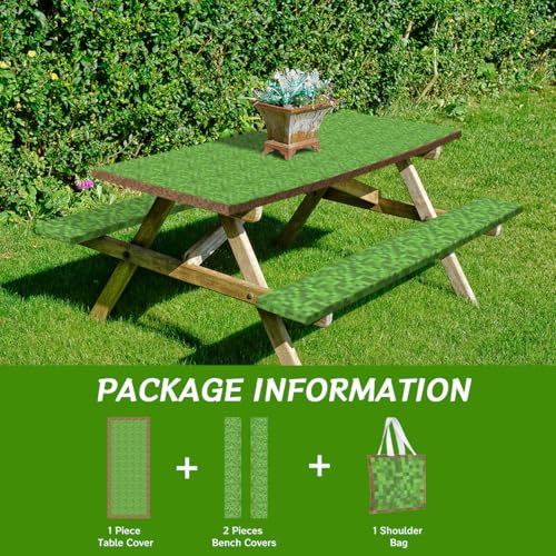 Pixel Grass Picnic Table Cover with Bench Covers and Carrying Bag, Gamer Pixel Miner Rectangle Table Cover, Outdoor Patio Camping Essentials 6FT 4PCS, Camping Fitted Tablecloth