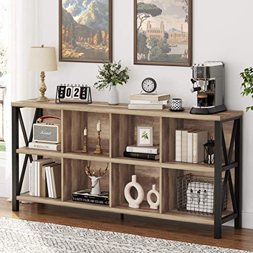 FATORRI 8 Cube Storage Organizer Bookshelf, 62 Inch Rustic Wood Horizontal Bookcase, Industrial Cube Long Book Shelf for Living Room (Rustic Oak) - color: Rustic Oak