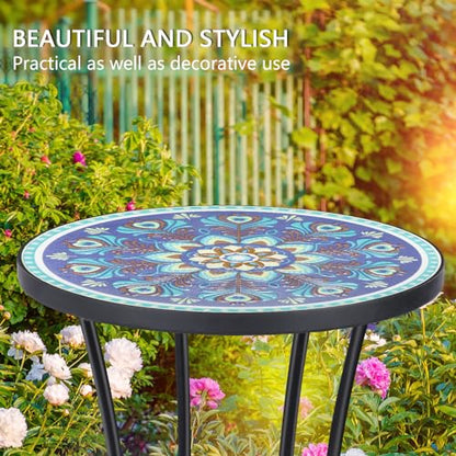 VCUTEKA Outdoor Side Table Mosaic Patio Table Accent Tables Mosaic Tile Top Metal Frame Small End Tables Porch Beach Patio Garden Balcony Peacock Feather 14'' - color: Peacock Feathers