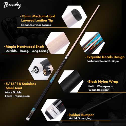 58" Pool Cue Sticks Set of 4, Maple Shaft 13mm Tip, Decals Pattern Butt with Nylon Wrap