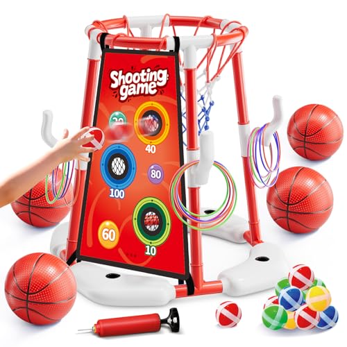 3 in 1 Pool Basketball Hoop & Ring Toss Game for Kids 4-8 8-12 - Floating Pool Toys Set with 4 Basketballs, 12 Rings, 2 Target Boards, 12 Bean Bags, Pump - Backyard Swimming Pool Summer Birthday Gift - color: red