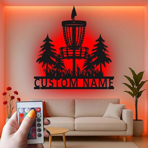 Custom Disc Golf Basket Led Light Metal Wall Art Personalized Gift for Disc Golfers Outdoor Sports Decor