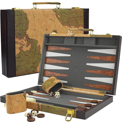 Backgammon, Backgammon Sets for Adults, 15" Leather Travel Backgammon Sets - Classic Board Game (World Map Design) - color: Map