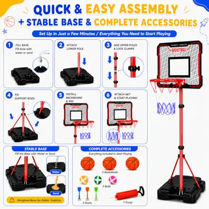 2-in-1 Kids Basketball Hoop with Flip Backboard & Space Target Game, Height Adjustable 3.5-6.2 FT for Ages 3-8, Indoor & Outdoor Play Set with Pump, Mini Basketballs, Sticky Target Balls & Soft Darts