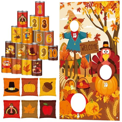 17 Pcs Fall Halloween Carnival Can Bean Bag Toss Games for Kids Thanksgiving Autumn Party Throwing Game Set with Background for Adults Indoor Outdoor Party Toy Accessory - style: Thanksgiving