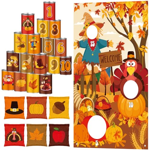 17 Pcs Fall Halloween Carnival Can Bean Bag Toss Games for Kids Thanksgiving Autumn Party Throwing Game Set with Background for Adults Indoor Outdoor Party Toy Accessory - style: Thanksgiving