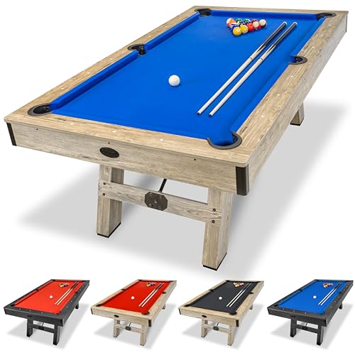 GoSports 7 ft Pool Tables with Wood Finish - Choose Your Style - Modern Billiards Table with 2 Cue Sticks, Balls, Rack, Felt Brush and Chalk - style: Blue, Brown Wood Finish