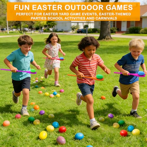 TOPLEE 20 Pcs Easter Egg and Spoon Race Game Set, 10 Players Balance Relay Easter Games Include 10 Eggs and Wooden Spoons for Kids Family Carnival Sports Outdoor Games Holiday Birthday Party Supplies