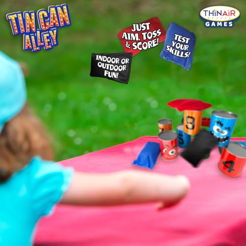 Thin Air Brands Ban Bag Toss Game for Kids - Carnival Can Beanbag Toss Game for Birthday Parties, Holidays, or Family Fun - 10 Fun Cans and 3 Beanbags - Indoor Outdoor Bowling Fun