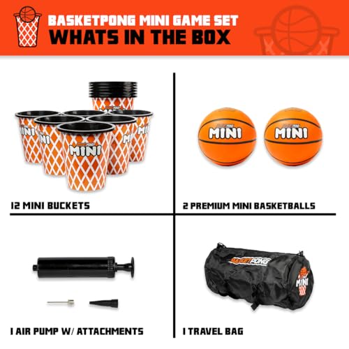 BasketPong Mini – Yard Pong and Basketball Game with 12 Buckets, 2 Balls, Carrying Bag, and Air Pump – Outdoor Game for Lawn, Backyard, Beach, and Travel