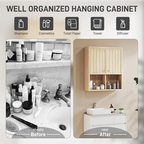 Bathroom Storage Cabinet Wall Mounted, Pre-Assembled Wood Medicine Cabinet with 2 Doors, Slim Hanging Wall Cabinet Over The Toilet for Small Spaces, Modern Farmhouse Style,Natural Oak