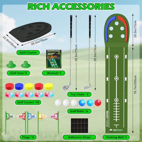 VATOS Golf Putting Mat Indoor for Kids - Golf Game Set with LED Balls, Glow Holes, Irons & Putters, Portable Putting Green Outdoor for Home Backyard Party, Golfs Toy Gifts for Kids 6-14