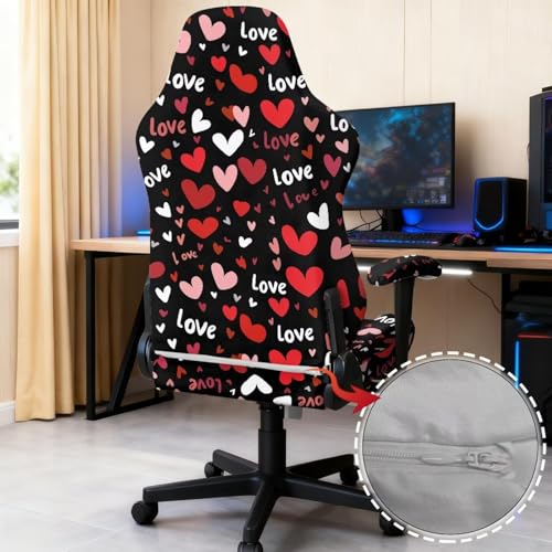 Gaming Chair Cover with Armrest Covers, Love Printed Computer Desk Chair Seat Slipcover Valentine's Day Decor Fits Most Office Racing Style Seats, Heart-Shaped Love Print - color: Heart-shaped Love Print