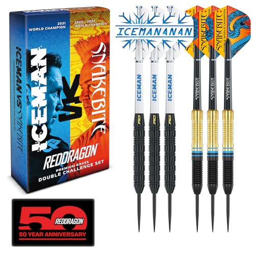 RED DRAGON Peter Wright vs Gerwyn Price Iceman Steel Tip Darts Set - ‎21g & 22g Brass Barrels for Controlled Accuracy & Grip, Flights, Shafts, Case & Checkout Card Included - style: Snakebite v Iceman