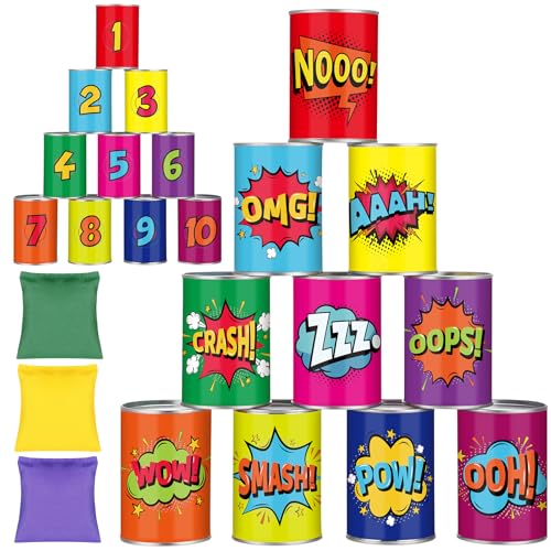 13 Pcs of Bean Bag Toss Game Carnival Knockdown Can Throwing Game Sets 10 Tin Cans with Letter or Number Pattern and 3 Bean Bag for Kids Holiday Easter Party Outdoor Lawn Yard Activity - style: Comic Style