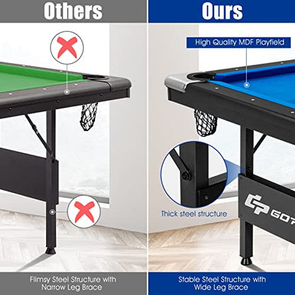 Goplus 6 FT Folding Pool Table, 76 Inch Portable Billiard Tables for Adults W/Foldable & Locking Legs, Adjustable Feet, Full Accessory Kit of 2 Cues, 16 Billiard Balls, Triangle, Brush, Chalk