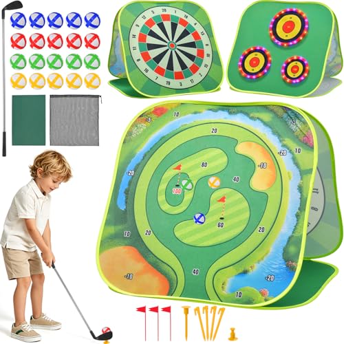 DyBaxa Light Up Golf Game, 4 in 1 Kids Golf Set with 3 LED Targets, Putting Mat, 20 Balls, 1 Golf Clubs, Indoor & Outdoor Summer Golf Chipping Game for Kid, Gifts for Boys and Girls Aged 3+