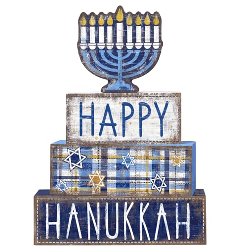 DIYDEC 4Pcs Hanukkah Table Decoration Happy Hanukkah Wooden Block Wooden Menorah Decoration Chanukah Table Centerpiece Sign Jewish New Year Decor for Holiday Gifts Tabletop Fireplace Shelf Desk Party - style: Hanukkah