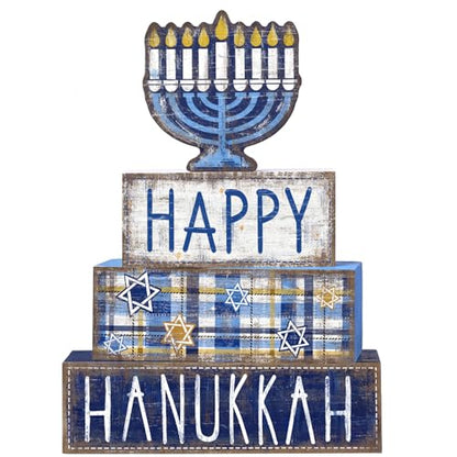 DIYDEC 4Pcs Hanukkah Table Decoration Happy Hanukkah Wooden Block Wooden Menorah Decoration Chanukah Table Centerpiece Sign Jewish New Year Decor for Holiday Gifts Tabletop Fireplace Shelf Desk Party - style: Hanukkah