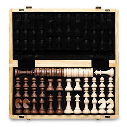 A&A 15" Magnetic Wooden Chess Set/Folding Board / 3" King Height German Knight Staunton Chess Pieces/Mahogany & Maple Inlaid /2 Extra Queen