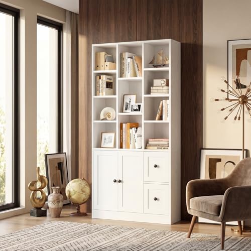 IRONCK 71" Tall Bookshelf and Bookcase with Cabinet and 3 Drawers, 7 Tier Bookshelves with Doors and Open Shelves for Living Room, Home Office, White