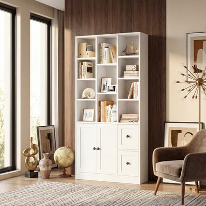 IRONCK 71" Tall Bookshelf and Bookcase with Cabinet and 3 Drawers, 7 Tier Bookshelves with Doors and Open Shelves for Living Room, Home Office, White