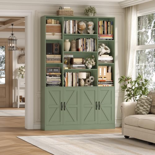 HOSTACK 72” Tall Book Shelf and Bookcase, White Bookshelf with Storage Cabinet, 45” Wide Bookcase with 4 Doors, Standing Display Shelves, Modern Farmhouse Book Case for Living Room, Green - color: Green