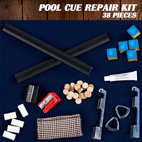 Barrington Billiards 38-Piece Pool Cue Tip Repair Kit with 13 mm Cue Tips, Ferrules, Aluminum Clamps, Tip Shapers, Glue, Chalk, and Cleaner for DIY Cue Tip Replacement and Repair