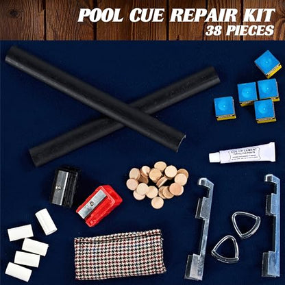 Barrington Billiards 38-Piece Pool Cue Tip Repair Kit with 13 mm Cue Tips, Ferrules, Aluminum Clamps, Tip Shapers, Glue, Chalk, and Cleaner for DIY Cue Tip Replacement and Repair