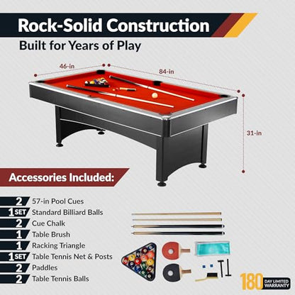Hathaway Maverick 7 Foot Pool Table with Table Tennis Top – with Accessories for Both Games – Space-Saving Ping Pong and Pool Table Combo for Families – Matte Black Finish