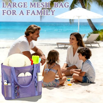 GYEUKHAM Mesh Beach Bag for Women, Sand-Resistant Pool Tote, 9 Pockets (1 Inner Zip), Foldable Family Travel Essentials - color: L-purple