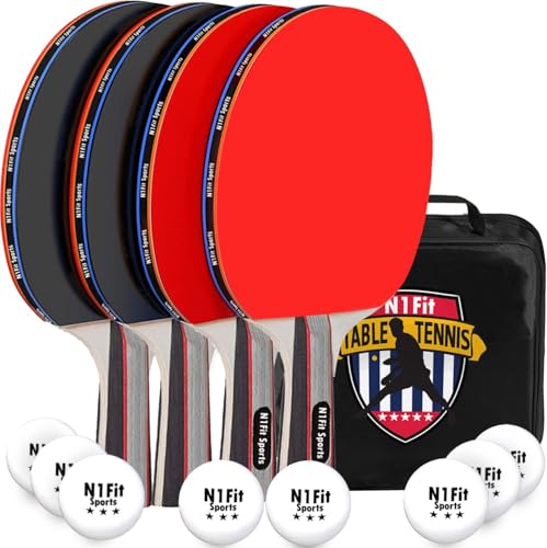 N1fit Ping Pong Paddles - Set of 4 High-Performance 5-Ply Rackets, 8 Professional 3-Star Table Tennis Balls, Portable Storage Case for Indoor-Outdoor Games
